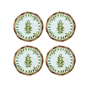 Handbemalter Dessertteller aus Keramik mit Bambusmotiv - grün glasiert, 4er Set